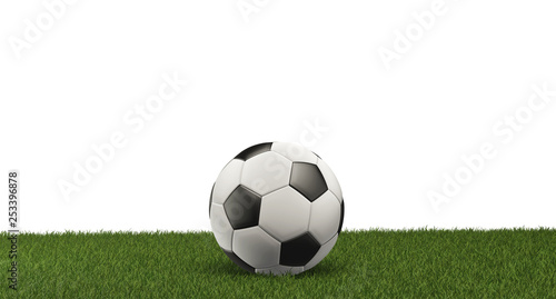 Soccer ball on grass panorama isolated white background 3d-illustration