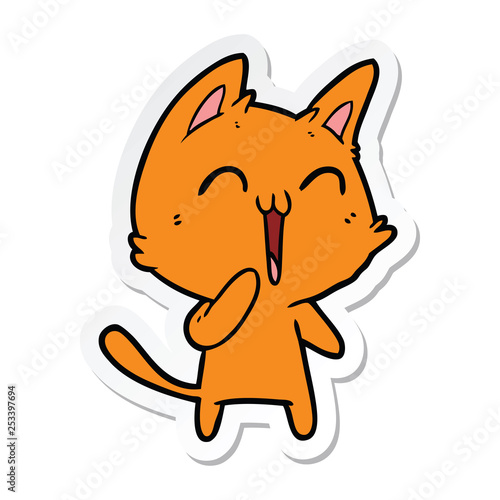 sticker of a happy cartoon cat meowing