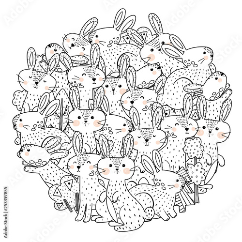 Funny rabbits circle shape pattern for coloring book. Vector illustration