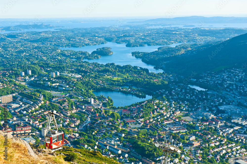 Beautiful view with Ulriken Cable Car seen from the Mount Ulriken in Bergen, Norway