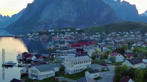 Aerial, drone shot, over the Reine town, in the Lofoten islands, on a sunny, summer evening, in Petajavesi, Middle Finland photo