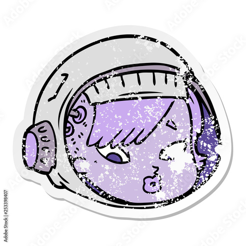 distressed sticker of a cartoon astronaut face
