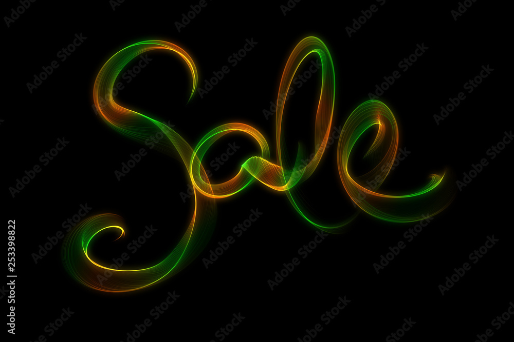 Fototapeta premium SALE word made of fire or smoke in green and red colors in hot sparkly design on black background