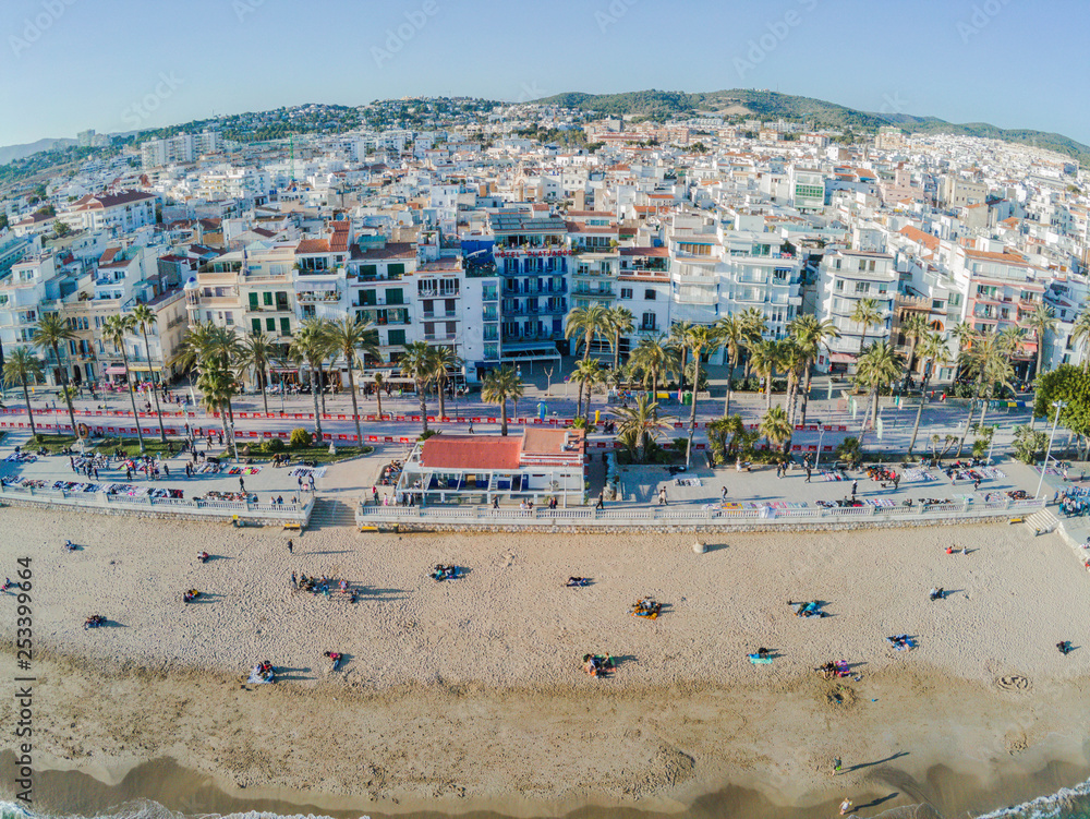 Beach of Sitges, Barcelona. Spain. Aerial view by Drone