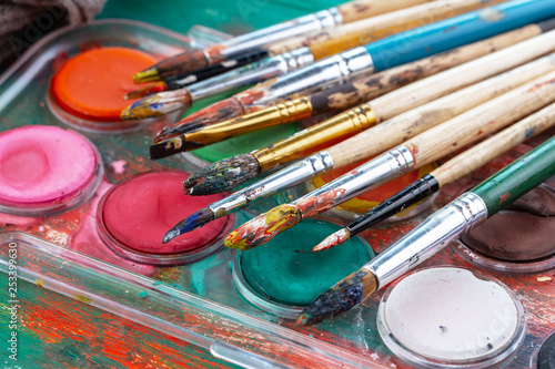 Paint brushes and paints for drawing.