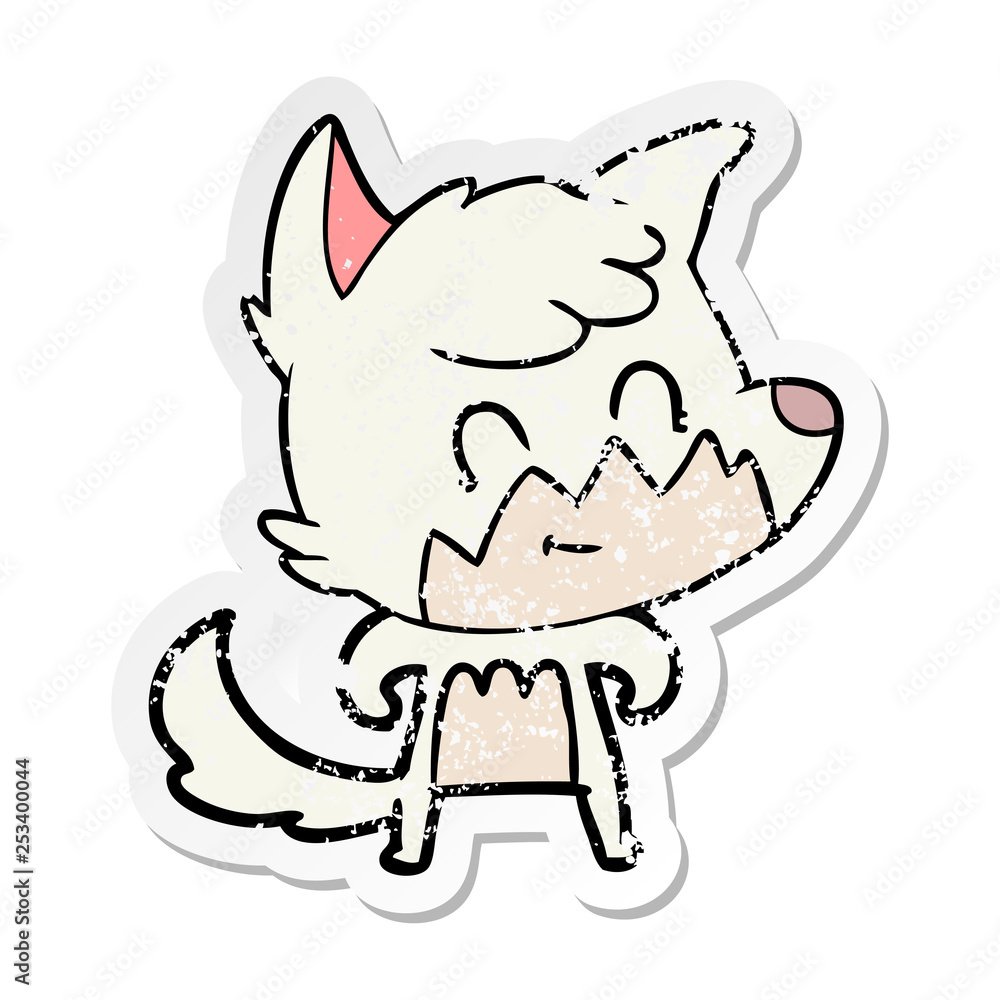 distressed sticker of a cartoon friendly fox distressed sticker of a cartoon friendly fox