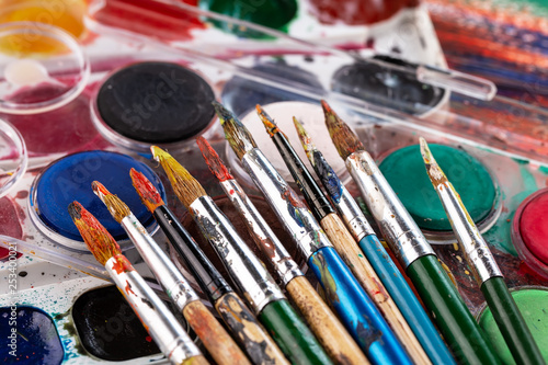 Paint brushes and paints for drawing.