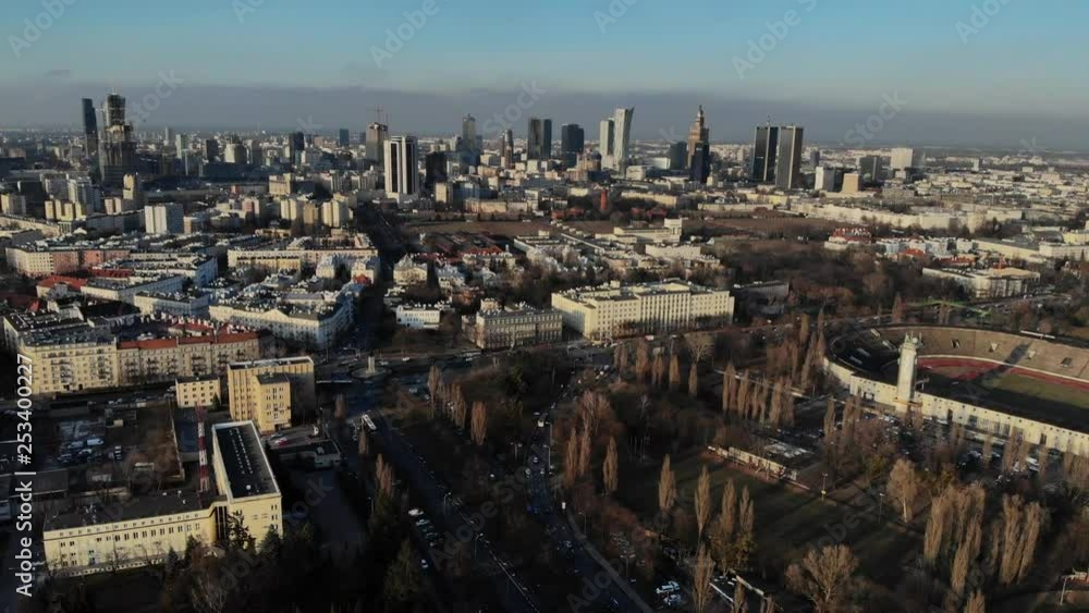 Warsaw, Poland / 06.03.2019 Skyline Sunrise Aerial Drone Sunset Shot Downtown Warsaw, Poland / 06.03.2019 Skyline Sunrise Aerial Drone Sunset Shot Downtown