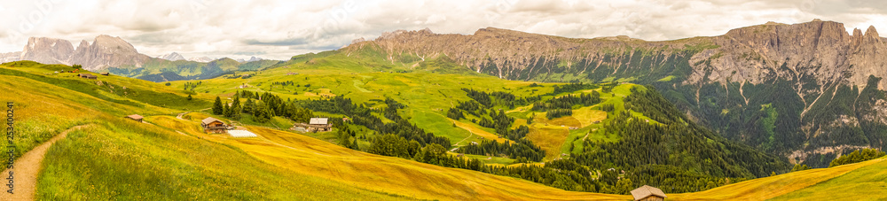 Alpe di Siusi, Seiser Alm with Sassolungo Langkofel Dolomite, a large mountain in the background panorama