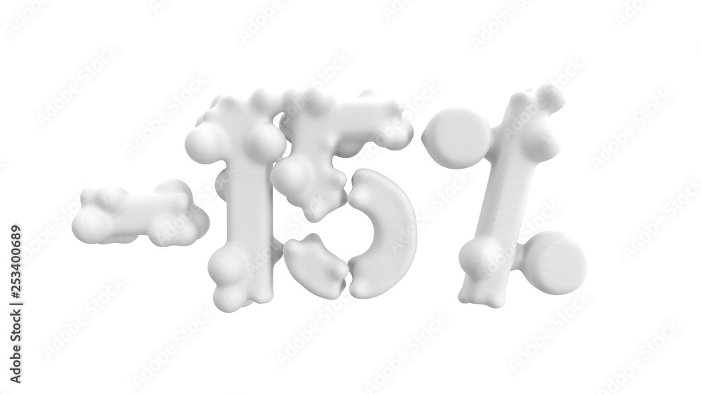 The sign -15off. Made of white material isolate on white background. 3d illustration The sign -15off. Made of white material isolate on white background. 3d illustration