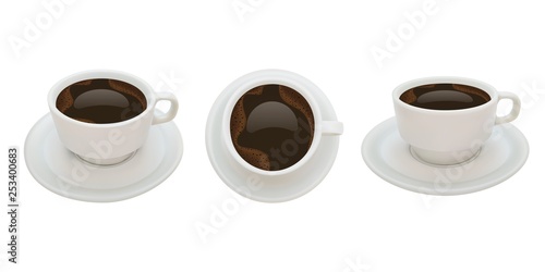 Black hot coffee, three Cup positions with saucer, isolated, realistic vector. EPS10