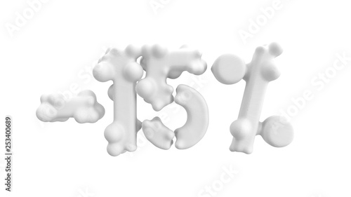 The sign -15off. Made of white material isolate on white background. 3d illustration