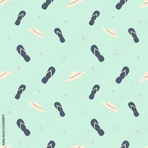 Seamless summer pattern in small flip flops, hats and seashells. Simple style. Funny background for manufacturing,textile or book covers, clothes,bags,wallpapers, print, gift wrap and scrapbooking
