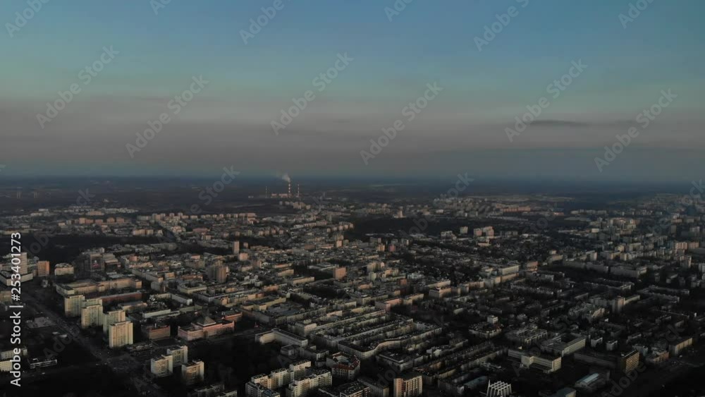Warsaw, Poland / 06.03.2019 Skyline Sunrise Aerial Drone Sunset Shot Downtown Warsaw, Poland / 06.03.2019 Skyline Sunrise Aerial Drone Sunset Shot Downtown