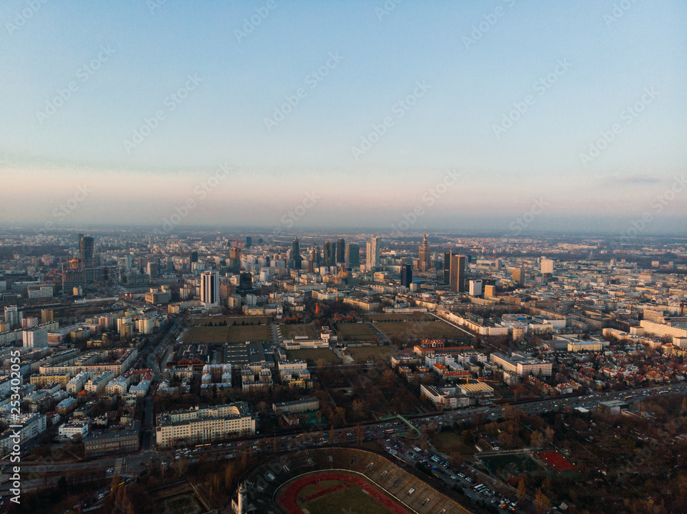 Warsaw, Poland / 06.03.2019 Skyline Sunrise Aerial Drone Sunset Shot Downtown