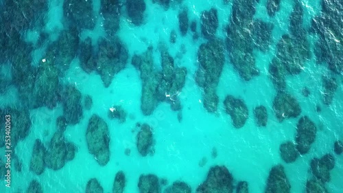 Aerial, top down, drone shot, over shallow turquoise ocean, the transparent, clear, Atlantic sea, on a sunny, summer day, in Punta cana, Domenican republic photo