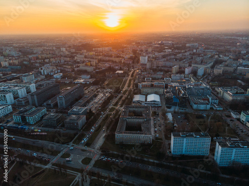 Warsaw  Poland   06.03.2019 Skyline Sunrise Aerial Drone Sunset Shot Downtown