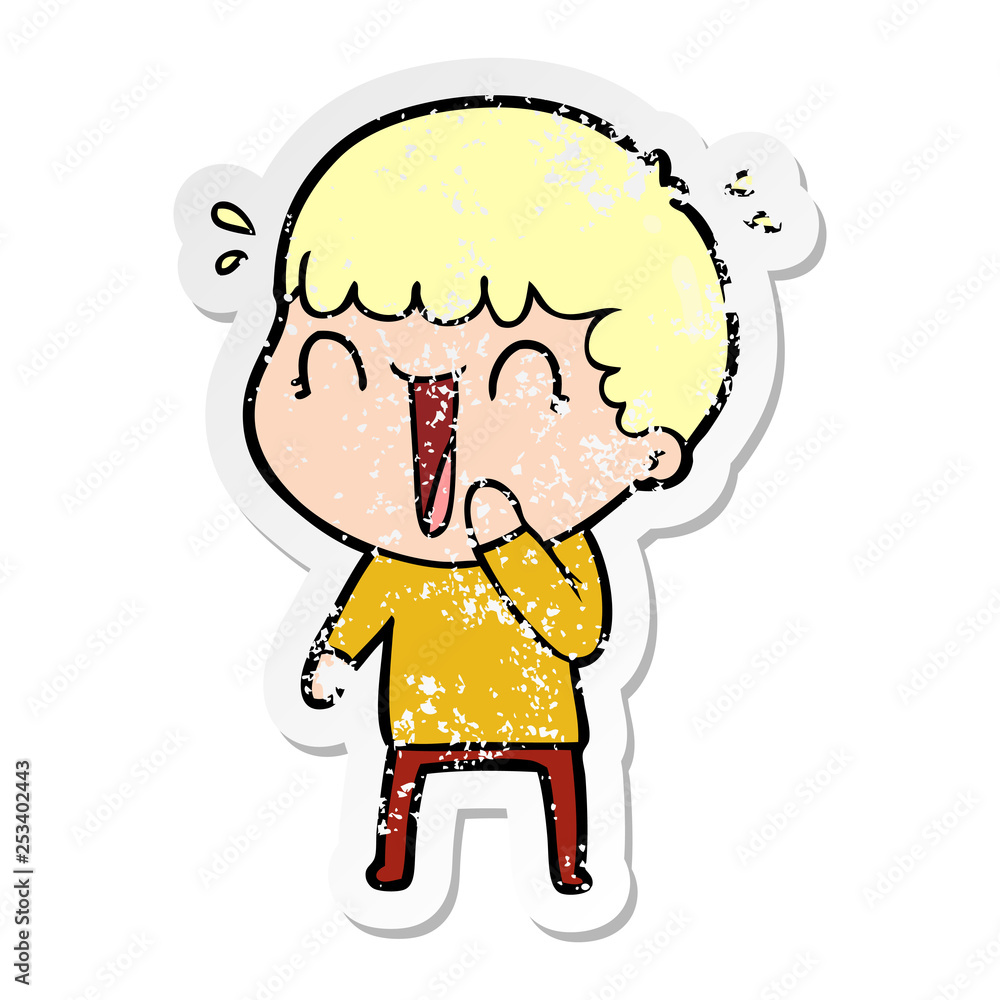 distressed sticker of a laughing cartoon man distressed sticker of a laughing cartoon man