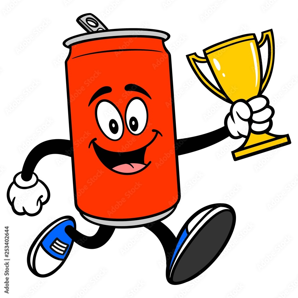 Soda Can Mascot running with a Trophy - A vector cartoon illustration of a Soda can mascot running with a Trophy.