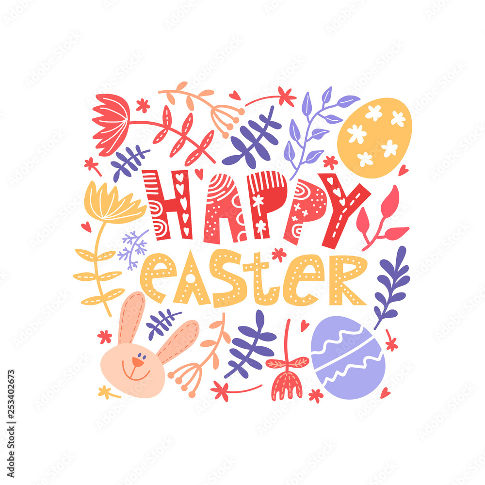 Easter frame with eggs and flowers. Easter card template with colored eggs. Square frame with easter eggs, bunny, flowers