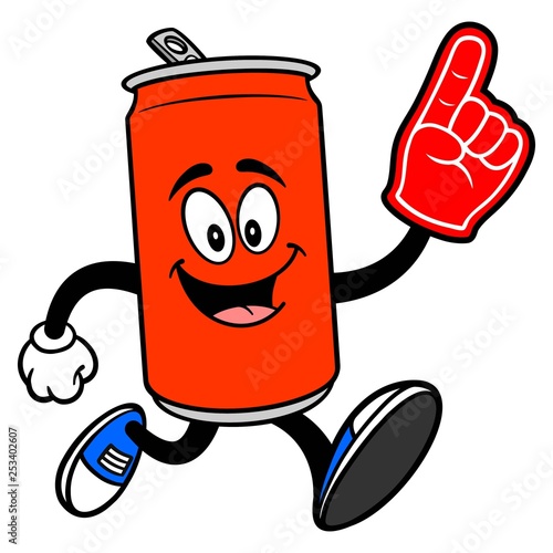 Soda Can Mascot running with a Foam Finger - A vector cartoon illustration of a Soda can mascot running with a Foam Finger.