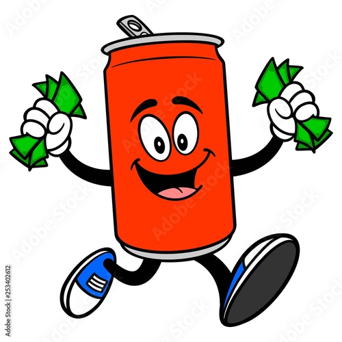 Soda Can Mascot running with Money - A vector cartoon illustration of a Soda can mascot running with Money.