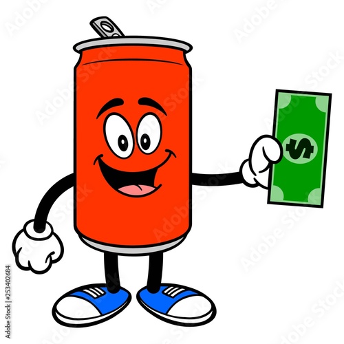 Soda Can Mascot with a Dollar - A vector cartoon illustration of a Soda can mascot with a Dollar.