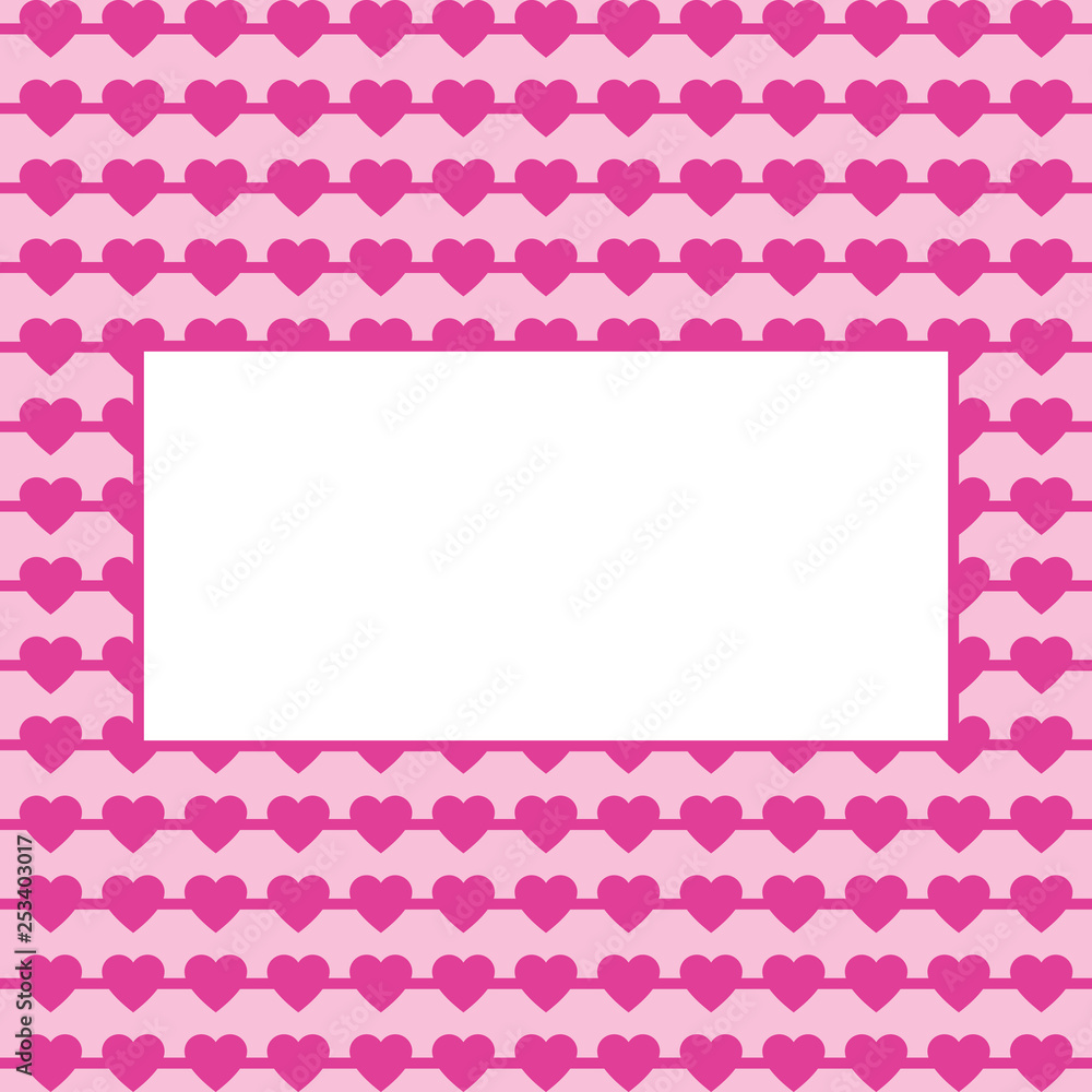 Pink Hearts illustration with frame for text. Valentine's day and Mother's day, women's day greeting card with border - pink, red colors. Banner, invitation or label