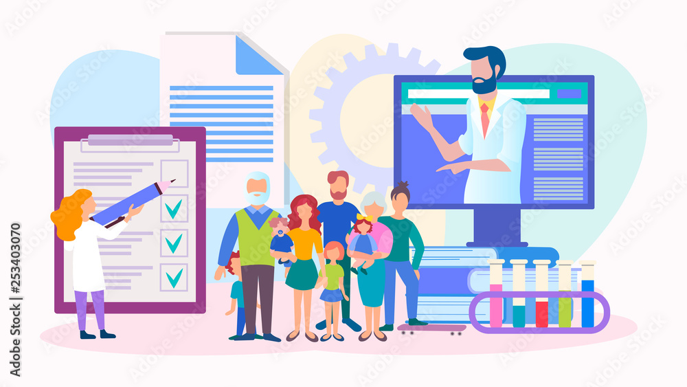 The results of medical examination and analysis online, medical consultation on the Internet, the concept of family web doctor. Vector illustration. The results of medical examination and analysis online, medical consultation on the Internet, the concept of family web doctor. Vector illustration.