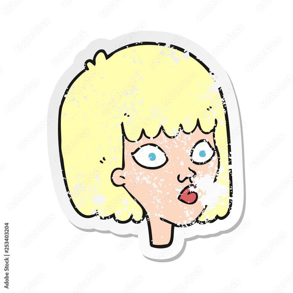 retro distressed sticker of a cartoon female face retro distressed sticker of a cartoon female face