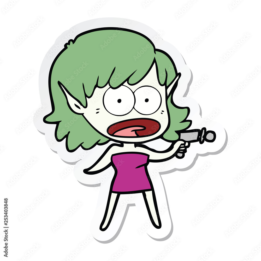 sticker of a cartoon shocked alien girl with ray gun sticker of a cartoon shocked alien girl with ray gun