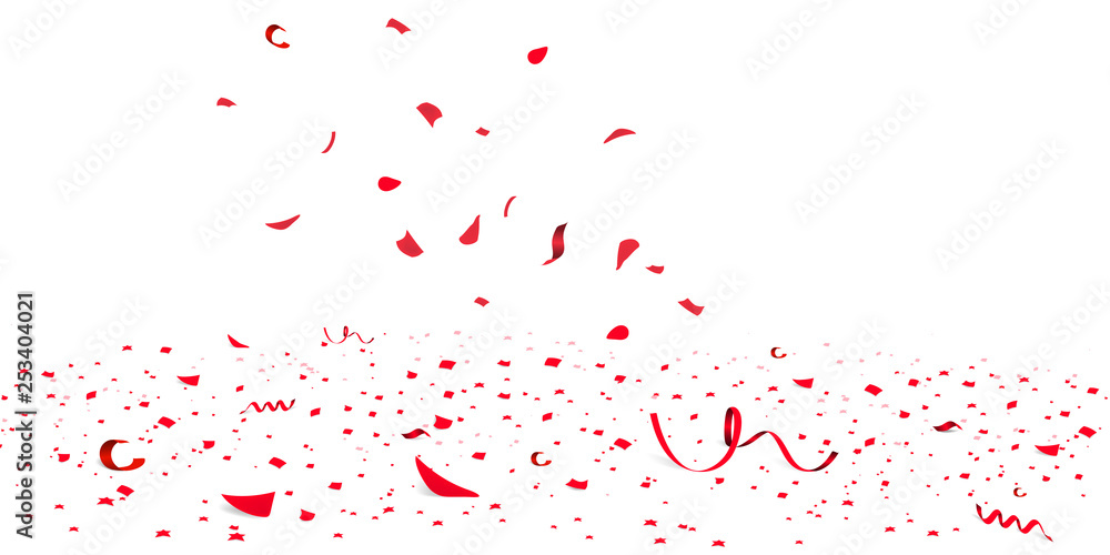 Falling bright red Glitter confetti, stars celebration, serpentine. Colorful confetti flying on the floor. New year, birthday, valentines day design element.