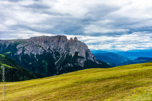 Alpe di Siusi, Seiser Alm with Sassolungo Langkofel Dolomite, a field with a mountain in the background