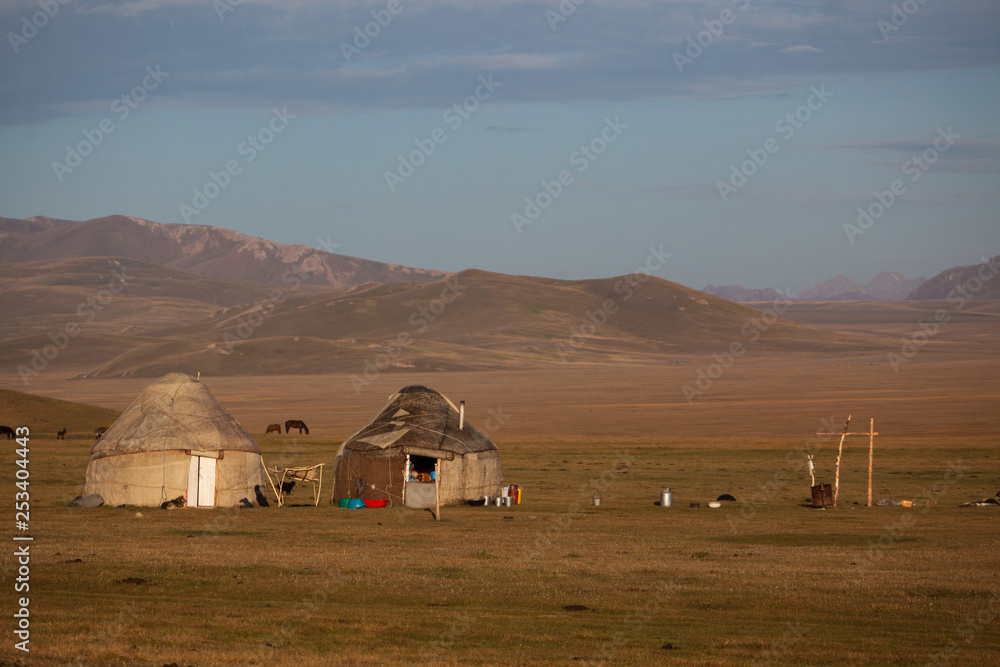 Traditional yurts at Song Kol Lake in Kyrgyzstan