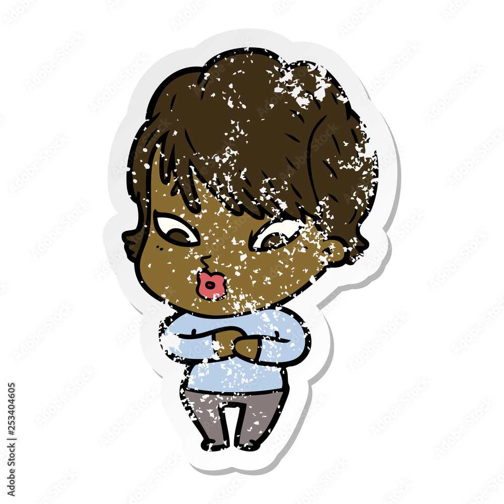 distressed sticker of a cartoon woman distressed sticker of a cartoon woman