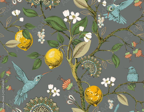 Floral vector seamless pattern. Botanical wallpaper. Plants, birds flowers ba...