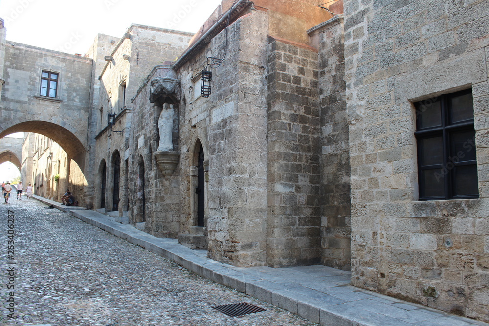 Narrow street in old town. Rhodes. Fortifications of Rhodes. 