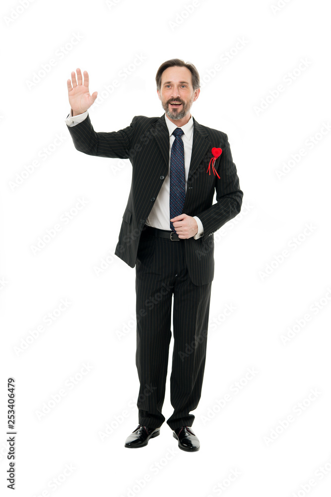 Invite for date. Man mature handsome guy wear elegant suit with red heart. Valentines day celebration. Romantic surprise. Celebrate valentines day. Prepare gift for valentine. Love date anniversary Invite for date. Man mature handsome guy wear elegant suit with red heart. Valentines day celebration. Romantic surprise. Celebrate valentines day. Prepare gift for valentine. Love date anniversary