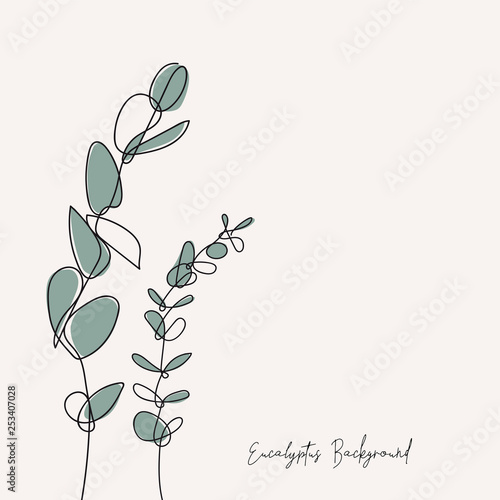 Eucalyptus silver dollar & baby blue branch continuous line drawing. One line . Hand-drawn minimalist illustration, vector.