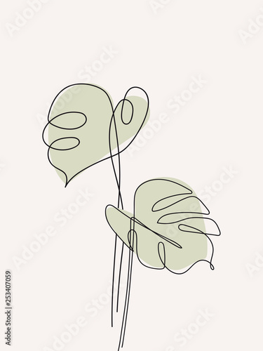 Eucalyptus monstera leaves continuous line drawing. One line . Hand-drawn minimalist illustration, vector.
