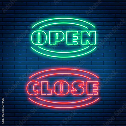 Neon open and close text glowing bright sign. Open or close shop, store or bar icon, banner in neon style.