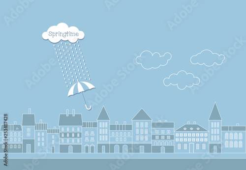 Springtime. Walk with umbrella around town on river. Rain, clouds, embankment of old Europe.  Vector design for vacation poster, invitation, flyer, banner, card.