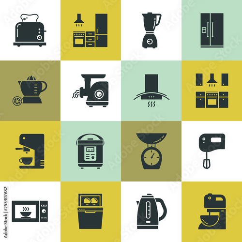 Set of clean icons featuring various kitchen utensils and cooking related objects isolated on various background.