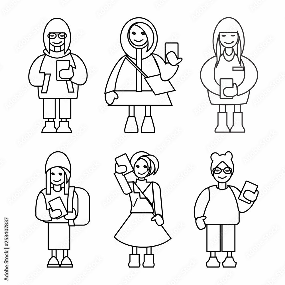 Hipster girls with smartphones. Outline icon set. Vector illustration. Hipster girls with smartphones. Outline icon set. Vector illustration.