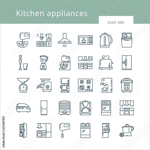 Set of clean icons featuring various kitchen utensils and cooking related objects isolated on white background.