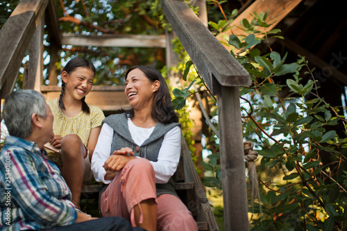 Smiling multi generational family sitting together.