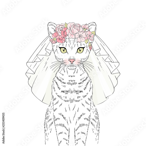 Beautiful white cat royal bride in floral wreath necklace and wedding veil. Vector hand drawn realistic cat illustration. Perfect for wedding party design.