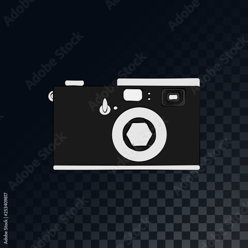 An old retro vintage film camera from the 70s, 80s, 90s on a translucent, dark, checkered gray square background. Vector illustration