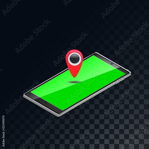 Red bright noticeable geolocation mark on a mobile isometric phone, smart phone on a green screen on a translucent, dark, checkered gray background of squares. Vector illustration