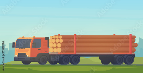 Logging truck isolated on white background. Truck with trailer for transportation of raw wood and timber products. Foresty industry. Vector flat style illustration.